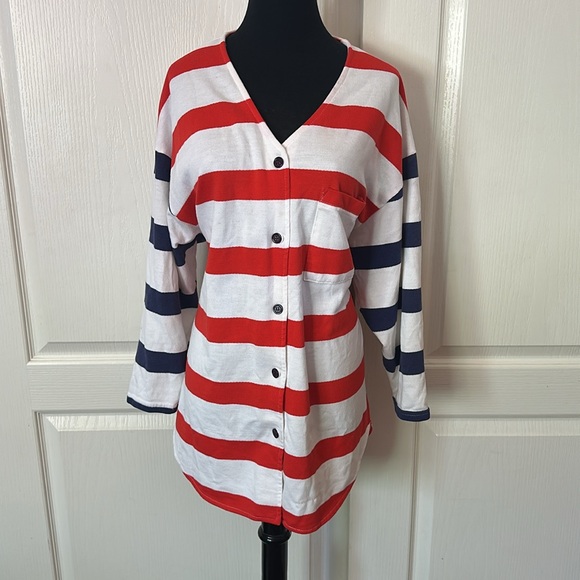 Vintage Sweaters - VTG RED WHITE BLUE STRIPE BUTTON FRONT CARDIGAN PATRIOTIC AMERICAN